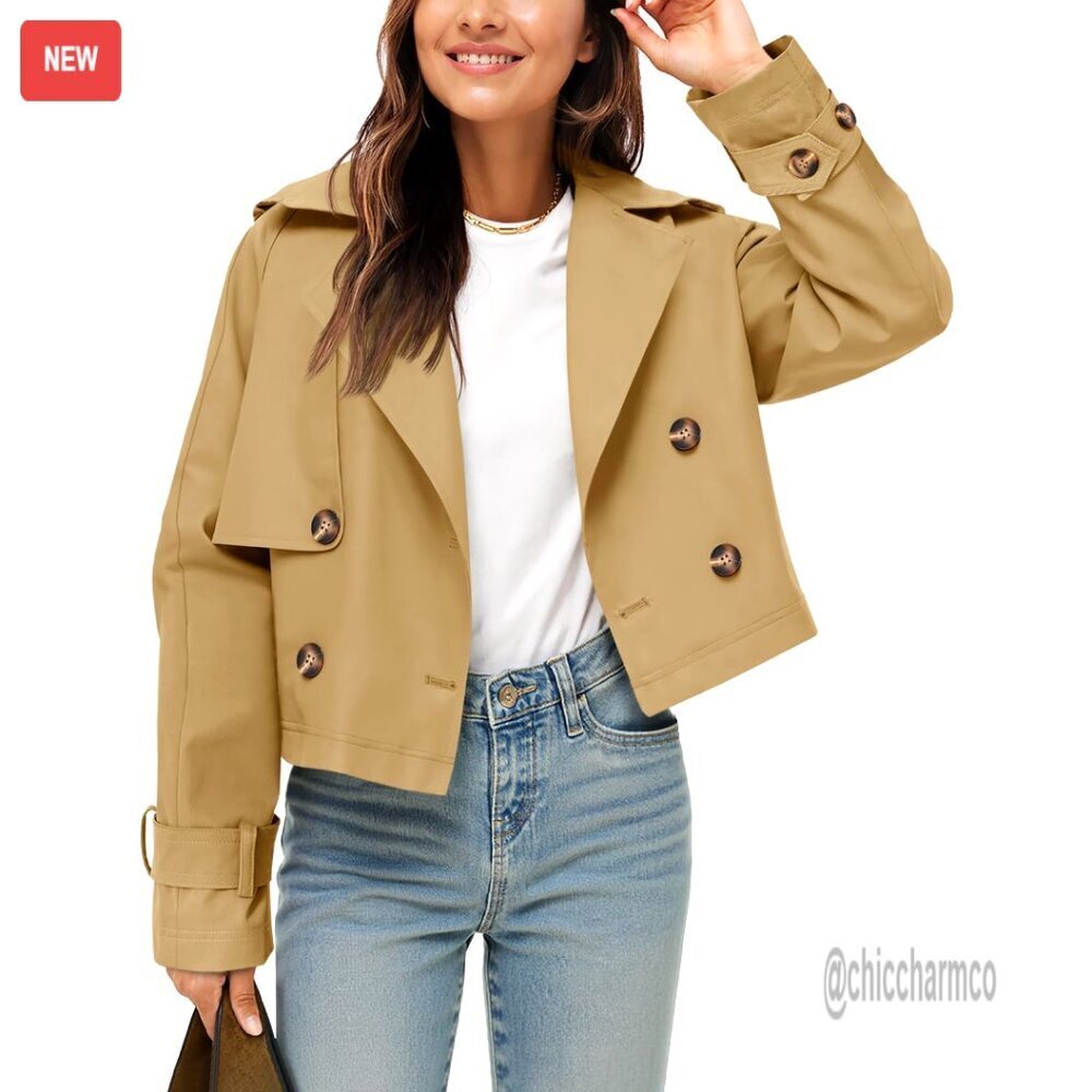 Cropped Trench Coat Double Breasted Oversized Lapel Jacket Vintage Casual